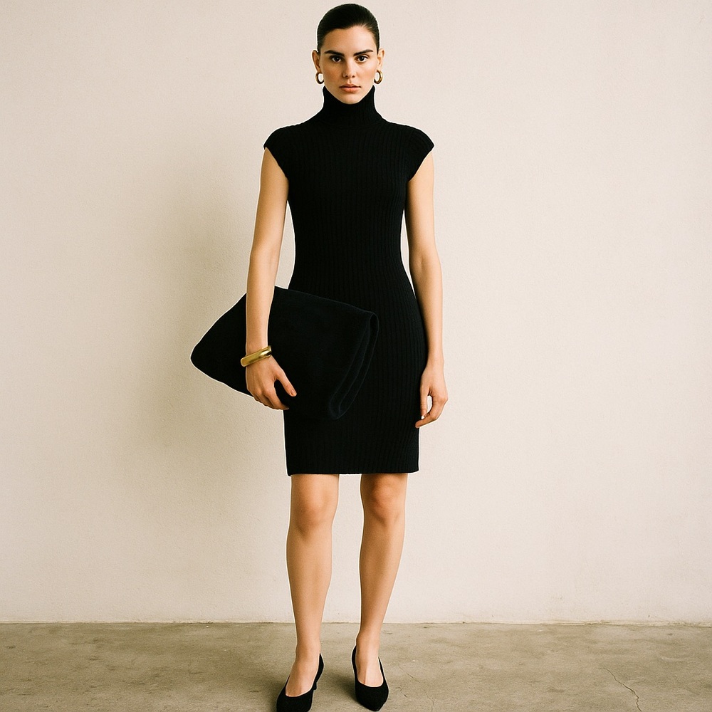 Black ribbed knit, cap sleeve, turtle neck sweater dress